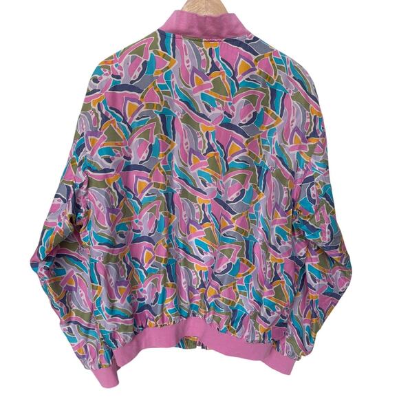 Silktime Vintage Colorful 80's Abstract Print Silk Bomber Jacket size M - Picture 2 of 13